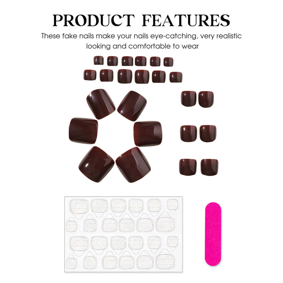 Roc-Electron Glossy Wine Red False Toenails - Long Lasting & Flexible