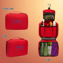 (Red) Letter Print Travel Toiletry Bag, Hanging Hook Foldable Cosmetic Bag, Large Capacity Multi-Pocket Storage Organizer for Women Men