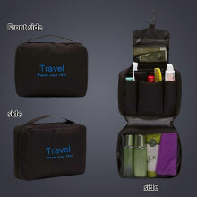 (Black) Letter Print Travel Toiletry Bag, Hanging Hook Foldable Cosmetic Bag, Large Capacity Multi-Pocket Storage Organizer for Women Men