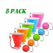 Collapsible Silicone Travel Cups with Lids, 5-Pack Portable Leak-Proof Reusable Folding Cups for Camping Hiking Daily Use
