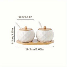 (2) Ceramic Seasoning Jar Set with Bamboo Tray, Wooden Lids and Spoons, Rust-Proof Kitchen Storage for Salt Sugar Pepper