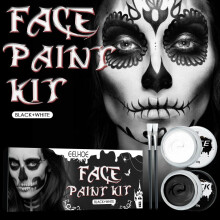 (White*1+black*1+brush*2/box) Halloween Black White Body Paint Face Paint for Zombie Vampire Skeleton Makeup Face Body Safe Washable Single