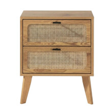 Bedside table with 2 drawers, wood finish with rattan fronts, 45 cm wide - ALIA