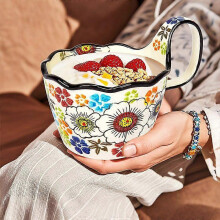 Hand-Painted Ceramic Soup Bowl with Floral Design, Two Sturdy Side Handles, Microwave Dishwasher Oven Safe, 20 oz for Cereal Soup Dessert, Elegant Rou