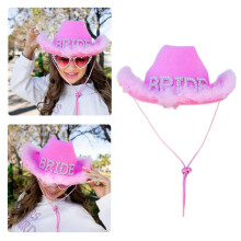 Vacation Cowboy Hat "BRIDE" Panama Hat Feather Rhinestones Hand Beading Pearls for Carnivals Music Festival