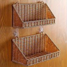 Vintage Woven Hanging Basket, Rattan-Look Wall Organizer with 4 No-Trace Hooks, Space-Saving Storage for Kitchen Bathroom Living Room, 25cm