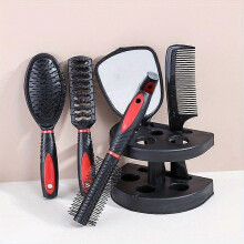 (pink color) Professional Hair Styling Brush Set, 6 Piece Hairdressing Comb Kit with Round Vented Wide-Tooth Brushes and Storage Stand