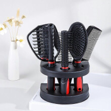 (Red) Professional Hair Styling Brush Set, 6 Piece Hairdressing Comb Kit with Round Vented Wide-Tooth Brushes and Storage Stand
