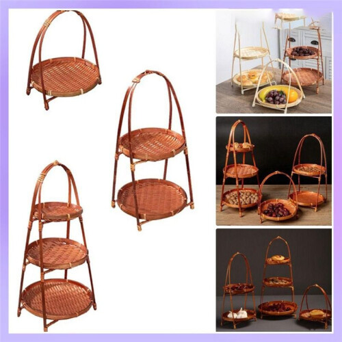 1Pcs Fruit Food Vegetable Bamboo Woven Basket Handwoven 3 Layers Standing Tray Multi-Function Storage Basket for Kitchen 2