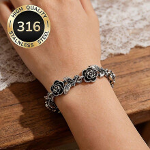 Silver Rose-Shaped Bracelet with Black Floral Relief Pattern, Adjustable Elegant Jewelry for Women, Daily Wear, Party, Wedding, Mother's Day Gift