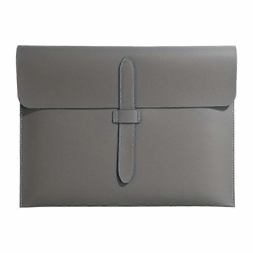 (Grey) PU File Bag with Lychee Pattern, A4 Size Thickened Large-Capacity Office Storage Bag, Flap Closure for Preventing Falling