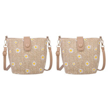 2X MałA Daisy SłOma Tkana Damska Torba Moda Torba na Wiadro z łAńCuszkiem Czeska Torebka Uczennica Torba Khaki