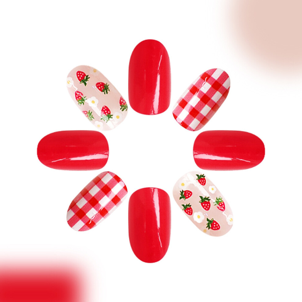 Creation-3C 24Pcs Glossy Press-On Nails, Oval Plaid Floral Design