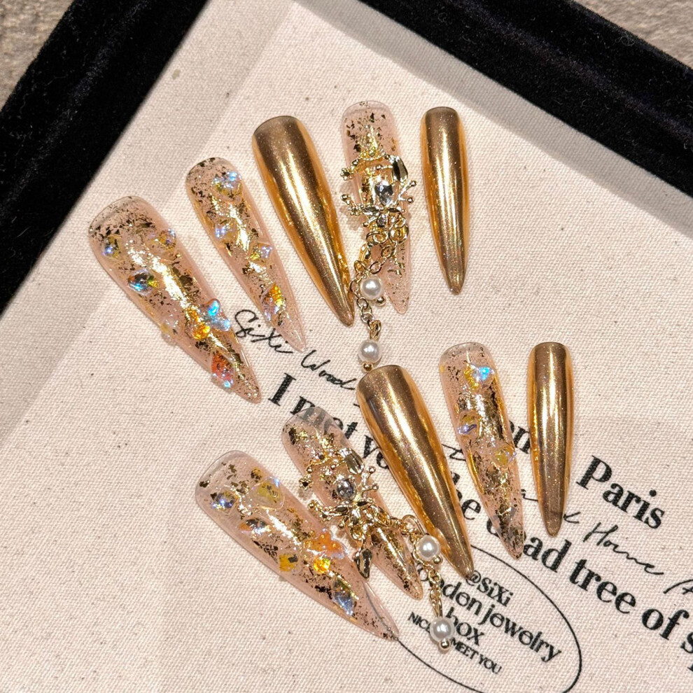 Dcph-Clothing (Xs) Long Lasting Gold Press-On Nails For Salon