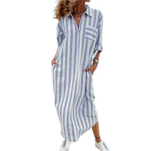 Women'S Summer 3/4 Sleeve Striped Shirt Dress Business Casual Half Zipper Maxi Long Beach Dress M
