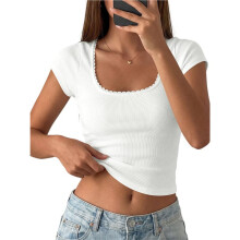 Women'S Short Sleeve Tops Lace Trim Square Neck Slim Fitted Going Out Basic Tee Shirts Y2K Clothes White XS