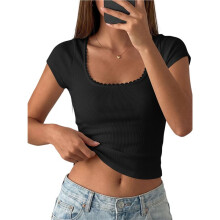Women'S Short Sleeve Tops Lace Trim Square Neck Slim Fitted Going Out Basic Tee Shirts Y2K Clothes Black XS
