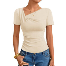Women'S Summer Asymmetrical Y2K Tops Trendy Ribbed Short Sleeve Fitted Tee Shirts Apricot Color M