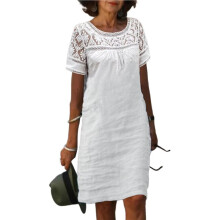 Women'S Dresses Lace Hollow Patchwork Summer Loose Short Sleeve Crew Neck Dress White M