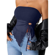 Women'S Mesh Drawstring Split Tube Top Strapless Sleeveless Asymmetrical Hem Summer Tops Navy  XS