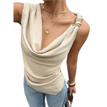 Women'S Draped Cowl Neck Ruched Sleeveless Tank Top Going Out Tops Elegant Outfit Cream White L