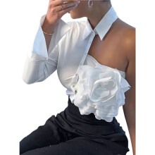 Women'S One Shoulder 3D Floral Tshirt for Parties and Casual Outings White XL
