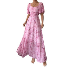 Women Summer Floral Maxi Dress Short Sleeve V Neck A- Flowy Dresses Beach Wedding Guest Dress  XXL