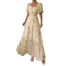 Women Summer Floral Maxi Dress Short Sleeve V Neck A- Flowy Dresses Beach Wedding Guest Dress Yellow XL