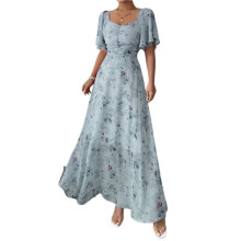 Women Summer Floral Maxi Dress Short Sleeve V Neck A- Flowy Dresses Beach Wedding Guest Dress Navy  M