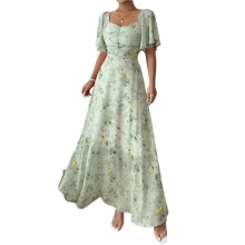 Women Summer Floral Maxi Dress Short Sleeve V Neck A- Flowy Dresses Beach Wedding Guest Dress Light Green XXL