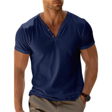 Mens Casual T Shirts Short Sleeve V Neck Henley Shirt Button Basic Fashion Summer Beach Tee Tops Navy  L