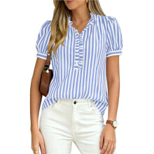 Dames Zomerblouses met Korte Pofmouwen, Gestreept, Geruit, met Ruches, V-Hals en Knoopsluiting Lichtblauw M