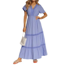 Women'S V Neck Lace Trim Tiered Maxi Dress Short Flutter Sleeve Casual Summer Dresses  S