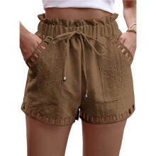 Damesshorts met Wijde Pijpen, Hoge Taille, Opengewerkte Boho-Stijl en Zakken, Size Donkerbruin S