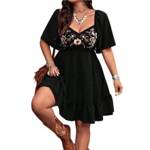 Damen-Westernkleid im Boho-Stil mit Blumenmuster, Cowgirl-Stil, Country-Konzert- und Urlaubsoutfit, Fließende Kleider Schwarz XXL
