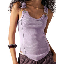 Women Buckle Ribbed Tank Top Crew Neck Sleeveless Going Out Tops Teen Girls Y2K Vintage Tanks S