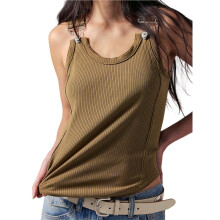 Women Buckle Ribbed Tank Top Crew Neck Sleeveless Going Out Tops Teen Girls Y2K Vintage Tanks Army Green M