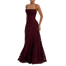 Women'S Maxi Dresses Wedding Guest Dress A- Long Square Neck Backless Sling for Beach Wine Red S