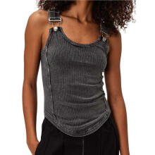 Women Buckle Ribbed Tank Top Crew Neck Sleeveless Going Out Tops Teen Girls Y2K Vintage Tanks Black XL