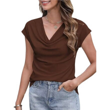 Women'S Tops Dressy Casual Clothing Cowl Neck Short Sleeve Blouses Business Shirts Brown XXXL