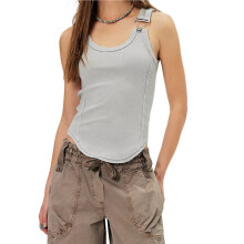 Women Buckle Ribbed Tank Top Crew Neck Sleeveless Going Out Tops Teen Girls Y2K Vintage Tanks Gray L