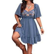 Damen-Westernkleid im Boho-Stil mit Blumenmuster, Cowgirl-Stil, Country-Konzert- und Urlaubsoutfit, Fließende Kleider Blau L