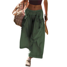 Dames Casual Modieuze Strandbroek, Streetstyle, Flared Broek met Wijde Pijpen, Zomerse Vakantiekleding Legergroen M