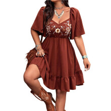Damen-Westernkleid im Boho-Stil mit Blumenmuster, Cowgirl-Stil, Country-Konzert- und Urlaubsoutfit, Fließende Kleider Dunkelbraun M