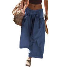 Dames Casual Modieuze Strandbroek, Streetstyle, Flared Broek met Wijde Pijpen, Zomerse Vakantiekleding Marineblauw M