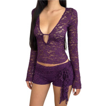 Women'S Long Sleeve Ruffle Trim Sheer Mesh Lace Crop Tops Blouses  M