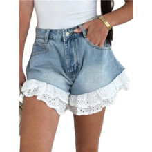 Damen-Jeansshorts Aus Gewaschenem Denim mit Patchwork-Spitzenbesatz Am Saum, Hohem Bund und A-Linien-Schnitt Sowie Tasche Himmelblau L