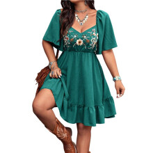 Damen-Westernkleid im Boho-Stil mit Blumenmuster, Cowgirl-Stil, Country-Konzert- und Urlaubsoutfit, Fließende Kleider Grün XXL