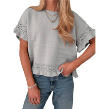 Women Short Sleeve Sweater Round Neck Ruffled Hem Knit Crochet Pullover Summer Fall Casual Top Gray L