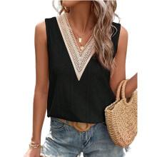 Women Tank Top Eyelet Vacation Sleeveless V Neck Loose Fit Shirt Fashion Casual Clothes Black L